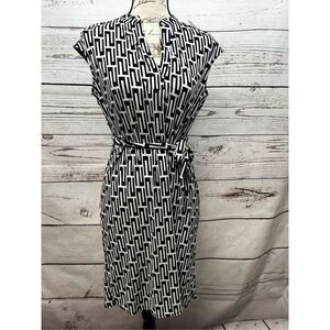 Jones New York Women's Black White Geometric Print Sleeveless BeltedDress Size 2